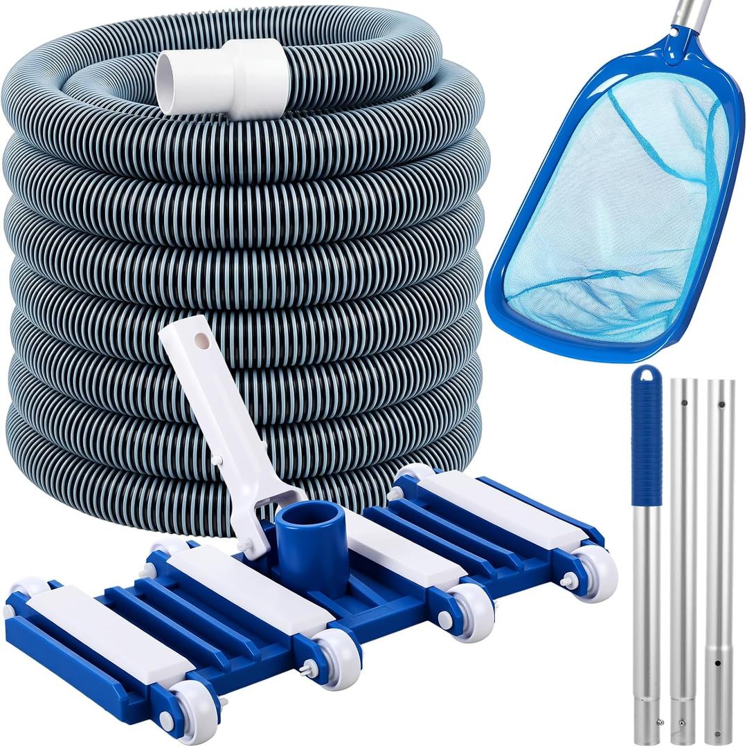 4 Pcs Swimming Pool Vacuum Kits 13" Vacuum Head with 1-1/2" x 29.5 ft Hoses, 13.7ft Pole and 17" Skimmer Net Flexible Head with Wheels for Above Ground Inground Hot Tub Cleaning Tool