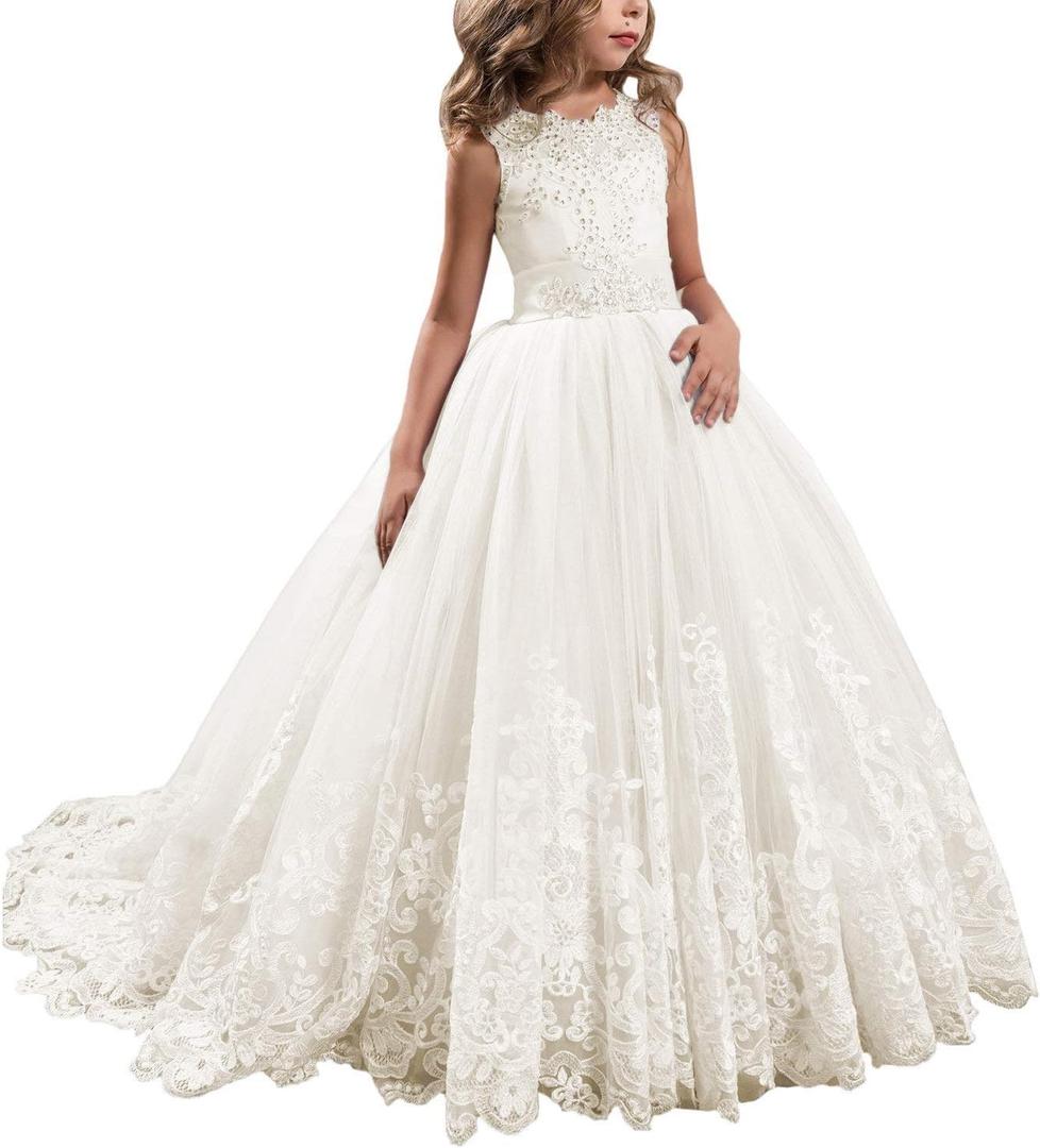 Princess Lilac Long Girls Pageant Dresses Kids Prom Puffy Tulle Ball Gown (6, Ivory)