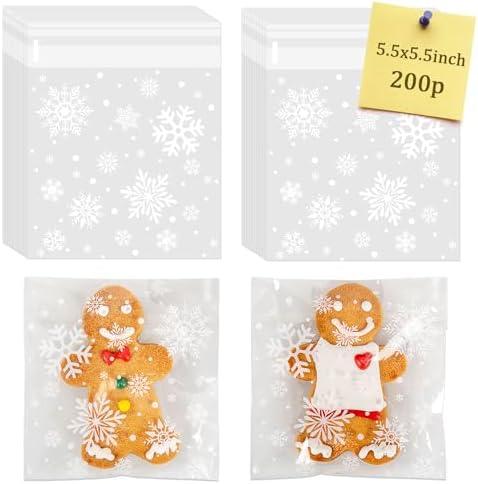 CUDICY Christmas Cookie Bags 200pcs Snowflake Cellophane Treat Bags 5.5x5.5 Self Adhesive Cookie Bag for Gift Giving Packaging Candy Goodie Holiday Homemade Bakery