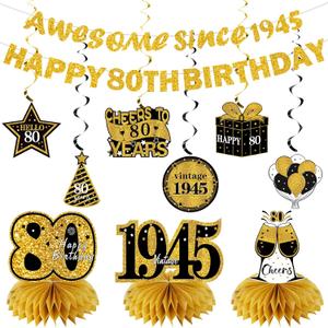11Pcs 80th Birthday Decorations Kit for Men Women, Black Gold Happy 80th Birthday Banner, Awesome Since 1945 Centerpieces Swirls Party Supplies, Eighty Bday Banner Ceiling Table Topper Sign
