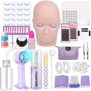 LZM Professional Eyelash Extension Starter Kit for Beginners Practice 01 | Lash Extension Kit for Tech with Mannequin Head, Rechargeable Fan, Shampoo, Glue, Tweezers Supplies for Practice Training