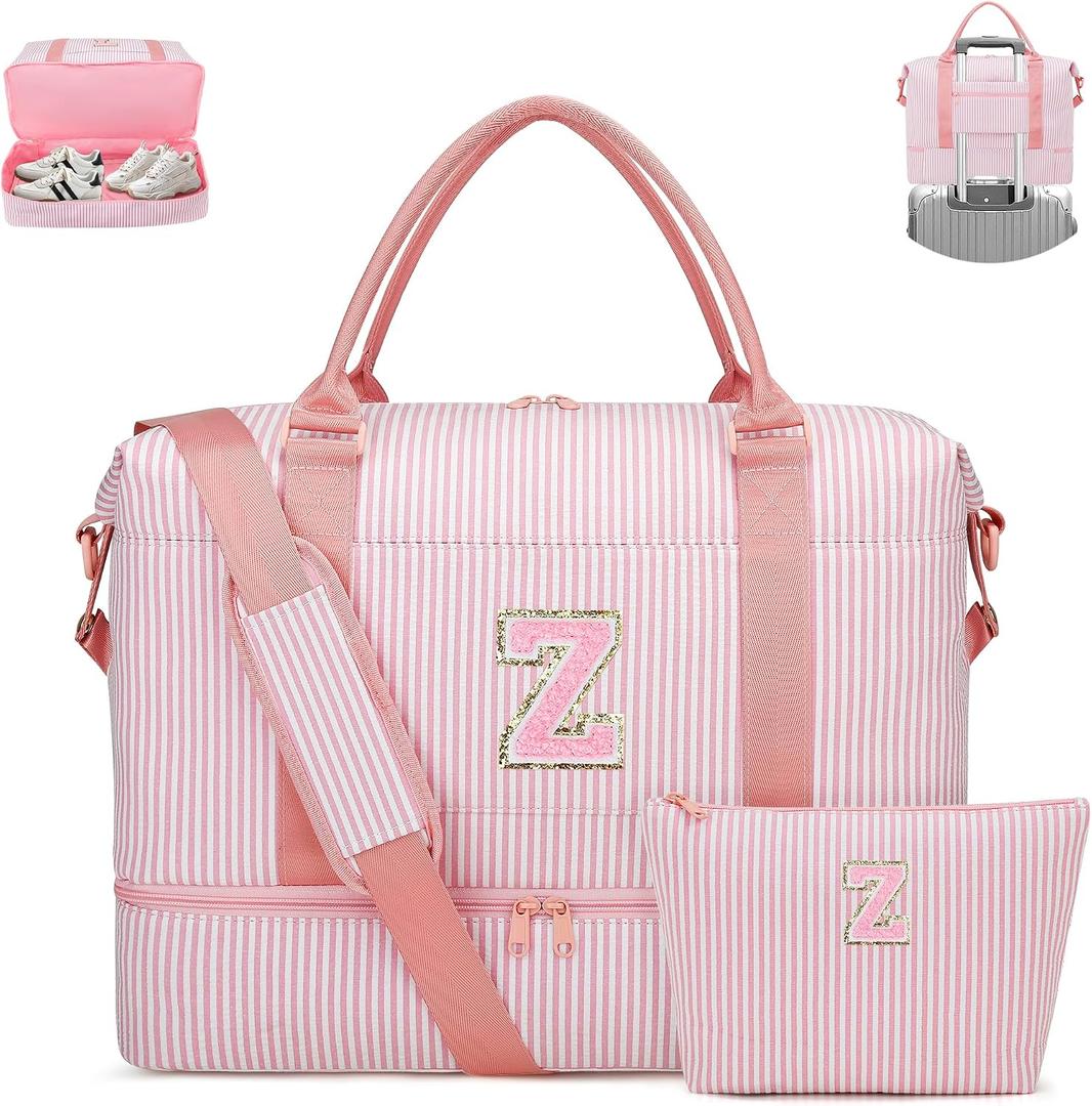 Girls Overnight Weekender Duffle Bag with Shoe Compartment Travel Carry On Teenager Girl Gifts Dance Cheer Gym Bag, Personalized Initials Birthday Gifts for Teenage Kids Women (Pink-Z)
