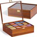 HouseJoy Tea Bag Organizer, Acacia Wood Tea Storage Box, 12 Compartments Tea Bags Storage Drawer with Clear Glass Window, Tea Bag Holder for Countertop Kitchen Cabinet Pantry - Keeps Tea Bags Fresh