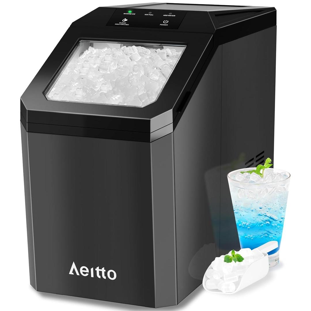 Aeitto Nugget Ice Maker Countertop, 55lbs/Day, Rapid Ice Release in 5 Mins, Large Capacity Chewable Ice Maker, Self-Cleaning with Stainless Steel Housing Ice Machine for Home Office and Party, Blcak (Black)