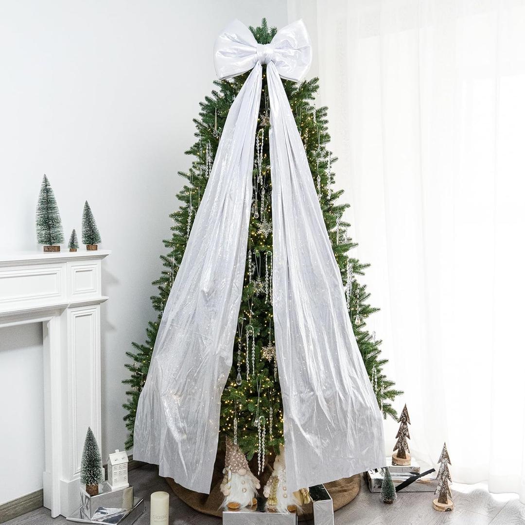 Christmas Tree Topper Bow67x16 Inch Extra Large Room Decor Ribbon Bow for Wedding Engagement Birthday PartyGiant Xmas Bow Decorations for Home Wreath Door Wall(White Silver)