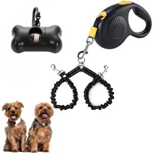 Double Dog Leash for Walking 2 Small Dogs (Up to 33 Lbs Each), Dual Retractable 9.8ft Extendable Strong Nylon Tape Pet Leash with Poop Bags, One-Handed Brake, Pause, Lock (Black)