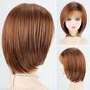 RENERSHOW Layered Mid-length Bob Wig with Bangs Straight Auburn Highlighted Synthetic Wigs for White Women 12inch Warm Orange Blend Hair with Dark Roots Average Size Natural Daily Party Wig