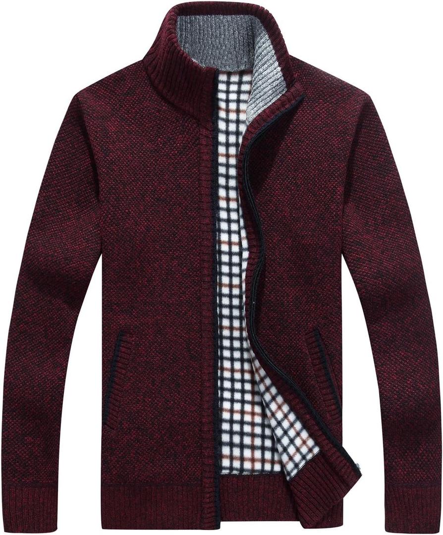 Yeokou Men's Slim Fit Zip Up Casual Knitted Cardigan Sweaters with Pockets (Large, Wine Red)