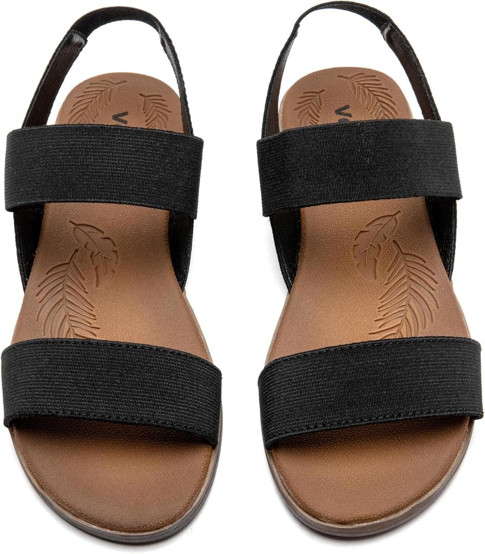 Veittes Women's Casual Flat Slide Sandals - Adjustable Elastic Strappy Double Bands Summer Flat Sandals, Size 11 (Black)