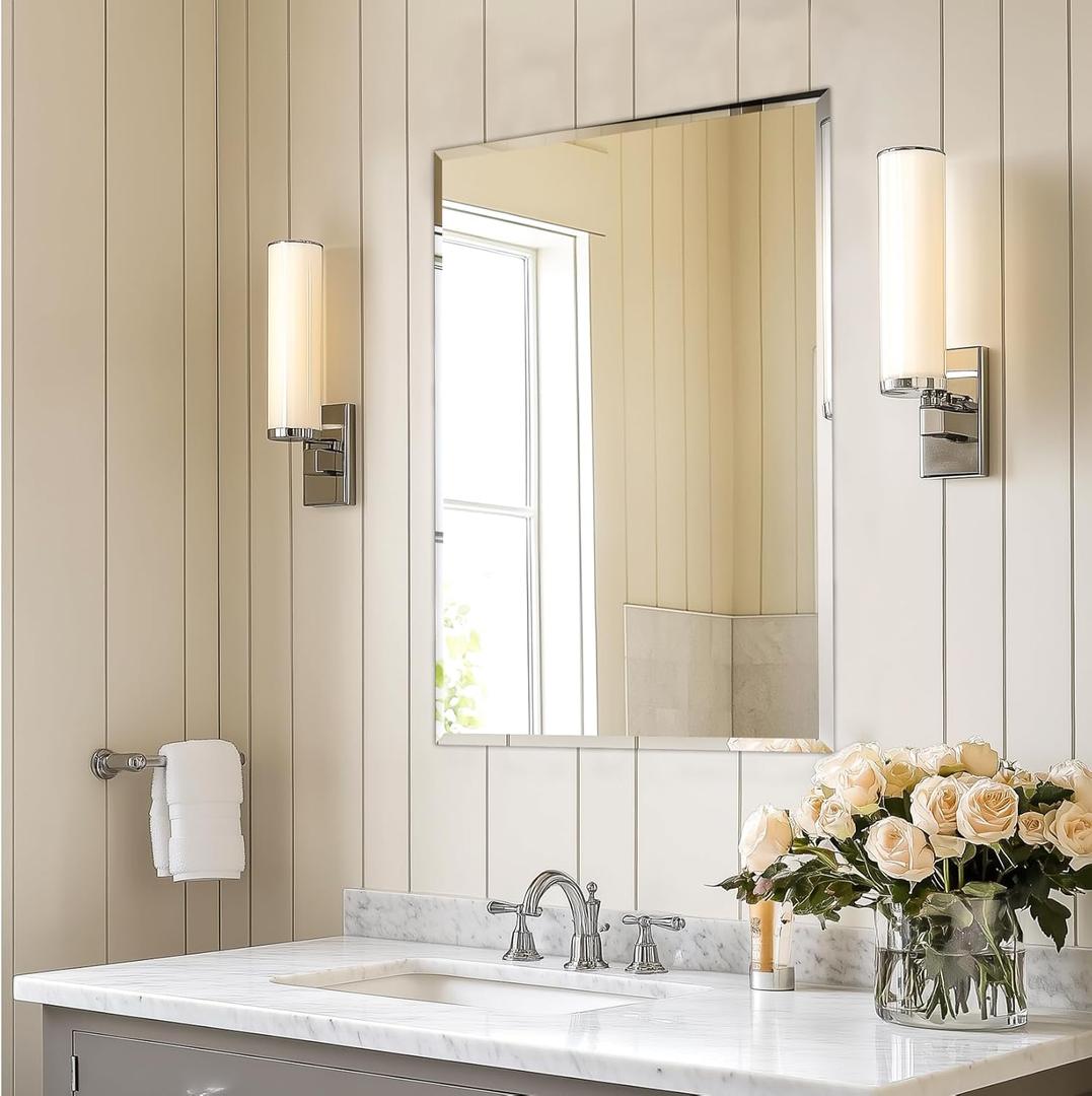Frameless Rectangular Wall Mirror: Decorative Rectangle Mirrored Glass Vanity with Beveled Silver Edge for Bathroom Bedroom Livingroom Dining Room Entryway Hallway, 28 x 20 inch