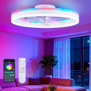 RGB Ceiling Fans with Lights, 20" Fandelier Low Profile Ceiling Fan with Light, Modern Flush Mount Ceiling Fan Light with Remote/APP Control, Bedroom Chandelier Fan Fixture for Indoor(White)