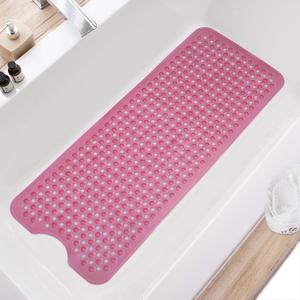 TEESHLY Bath Tub Shower Mat, Non Slip Bathtub Floor Liner Mats with Suction Cups and Drain Holes, Machine Washable Bathmat for Bathroom Floor Safety, 40 x 16 Inch, Clear Burgundy