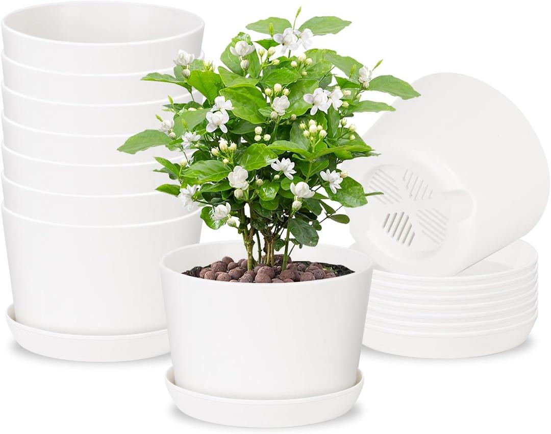 Oliz 4.7 Inch Plastic Plant Pots, Round Classic Planters with Drainage Holes and Saucers for Indoor Outdoor Plants, Perfect for African Violet, Snake Plant, Succulents (White 8 Pack)