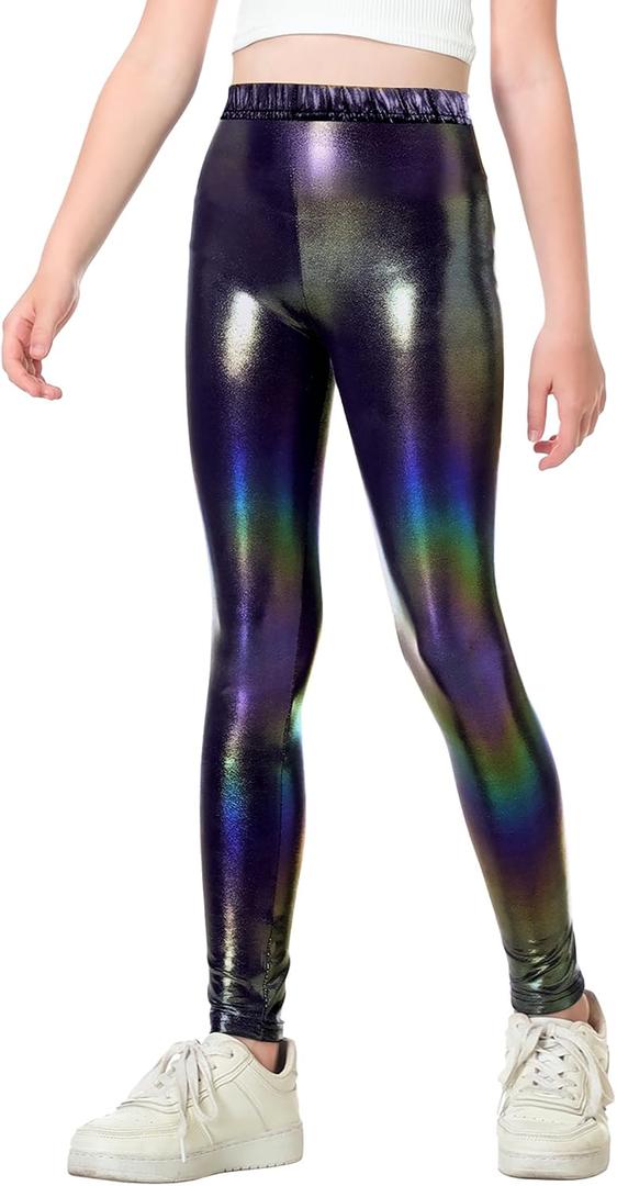 Gnainach Girls Metallic Leggings Stretch Comfort Shiny Mystique Dance Pants for Toddler Kids Teen Yoga Party Workout (Purple)