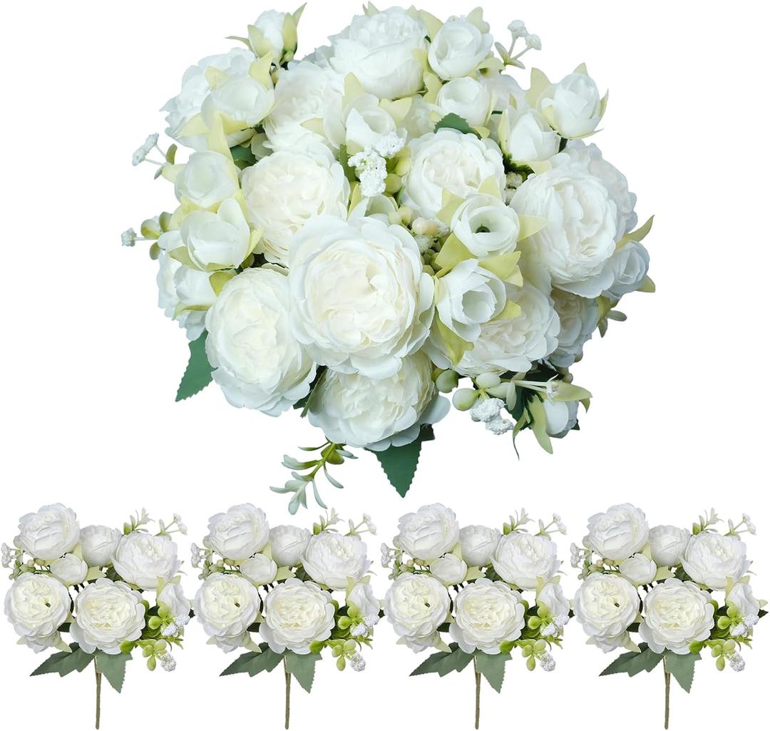 4 Bundles Silk Peonies Artificial Flowers, White Fake Peony Flowers for Centerpiece, Bulk Faux Peonies Bridesmaids Bouquet for Floral Arrangements Wedding Home Indoor Table Dcor