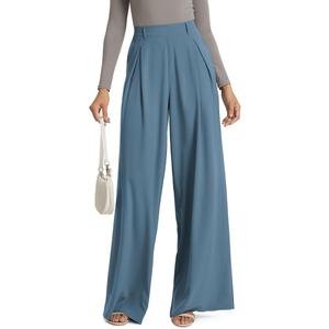 ODODOS Chiffon Flowy Pleated Wide Leg Pants for Women Lightweight High Waist Trouser with Pockets27 Inseam, Brittany Blue, Large