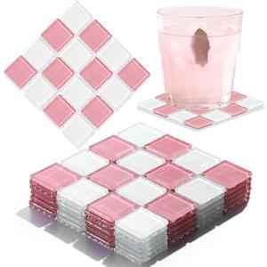 Queekay Pink and White Checkered Coaster Set of 6 for Drink 4" Square Glass Drinks Tiled Coaster Plaid Place Mat for Coffee Table Bar Plate Home Decoration Gifts for Mom