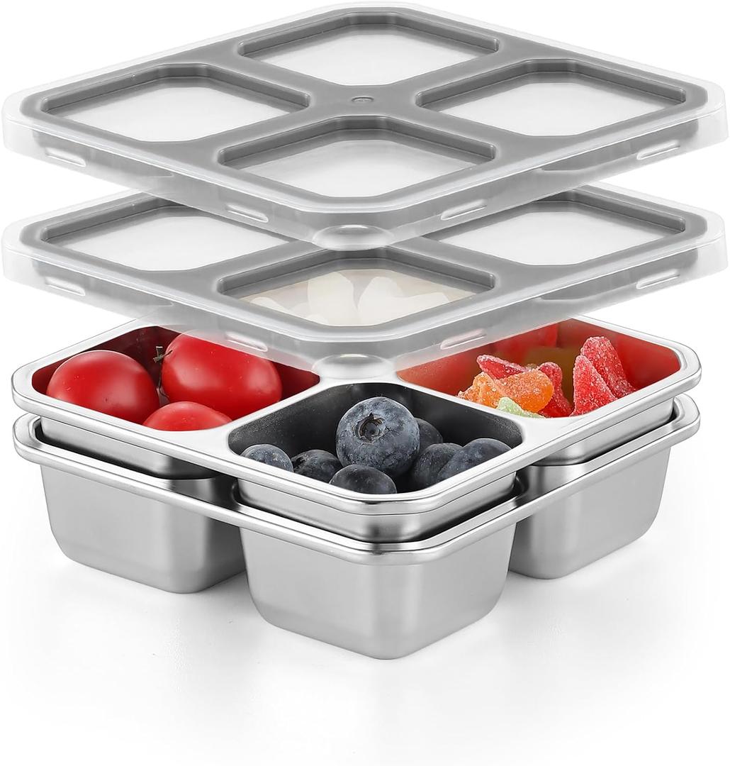 2 Pack Stainless Steel Snack Containers with Lids 4 Compartment Food Storage Containers for Adults & Kids Meal Prep Containers Reusable (Gray)