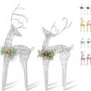 2pc Set White Pinecone Rattan Silver Thread String Christmas Reindeer Figurine Table Desk Decorations Glittering Xmas Holiday Party Supply