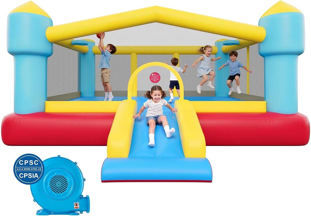 VEVOR Inflatable Bounce House, 14.7 x 13.8 x 6.8 ft Jumping Bouncy Castle, Inflatable Jumper for Kids with Slide, Basketball Hoop, Target Game & Jumping Area, Jumpings House Holds 3-4 Kids (Ages 3-8)