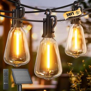 Brightown 38FT Solar String Lights Outdoor Waterproof with Remote, 16+1 LED Shatterproof Bulbs, Dimmable & Timable, 3 Light Modes - Commercial Grade Patio Lights for Garden Backyard Party Decor
