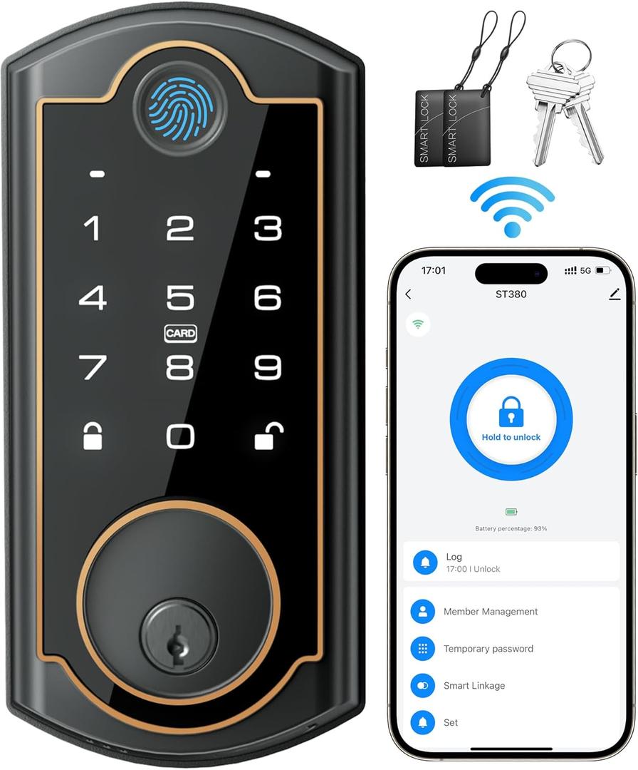Smart Lock ST380, Built-in Wi-Fi, Fingerprint Keyless Entry Door Lock, Security Deadbolt Smart Locks for Front Door, App Remote Control & Auto Lock, IP56 Waterproof, (2025 Upgrade) (Matte Black)