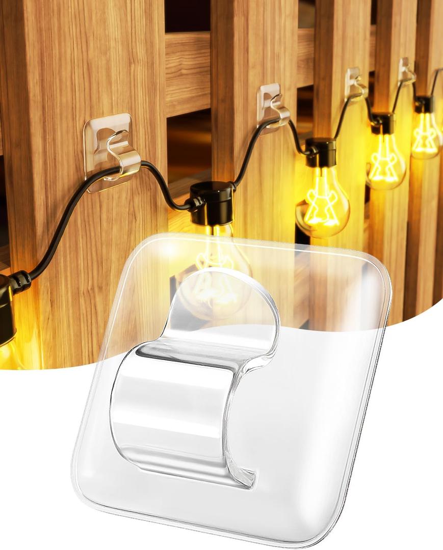 Hooks for Outdoor String Lights Clips: 25 Pack Square Clear Large Heavy Duty Light Hook Waterproof Adhesive Strips - Outside Hanging Rope Light Cable Cord Holders Organizer