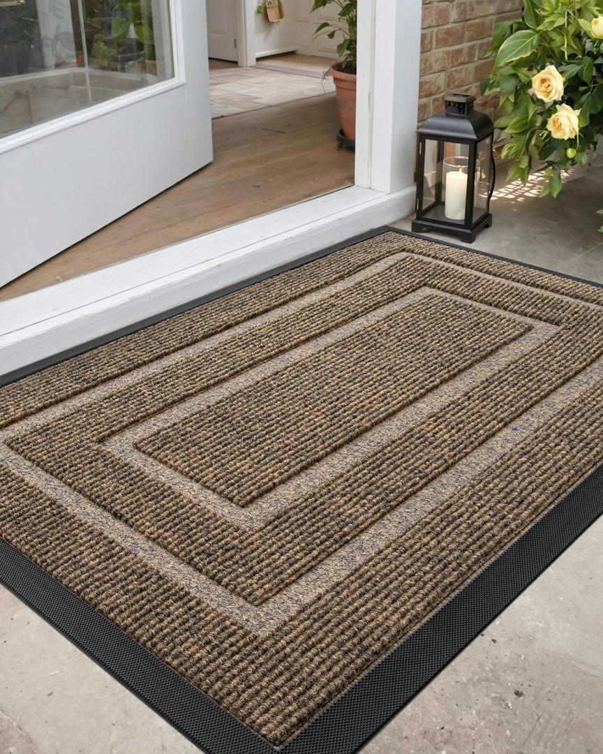 DEXI Front Door Mat Outside Entrance, Heavy Duty Rubber Backed Doormat, Stain and Fade Resistant, Low-Profile Easy Clean Entryway Floor Mats, 4x2, Rectangles Brown