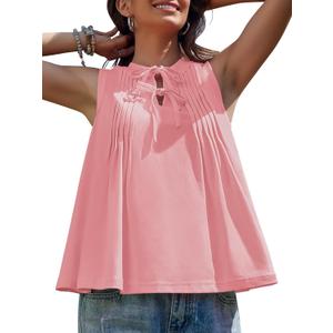 Yousify Womens Sleeveless Tank Tops Casual Tie Front Crewneck Pleated Shirts Summer Loose Fit Flowy Tops (S/L, Pink)