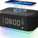 Alarm Clock Speaker Wireless Charger, Digital Alarm Clocks Bedrooms Bluetooth, Alarm Clock Dimmable Light Bedrooms Dual Alarm Snooze Dimmer 12 24H RGB Night Light Bluetooth USB AUX, Black, Large