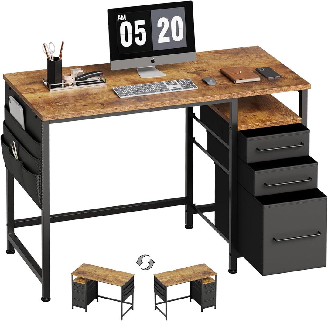 Maihail Small Desk with Drawers, 40 inch Computer Desk with Shelves, Writing Desk with Storage, Small Office Desk with Metal Frame, Rustic Brown