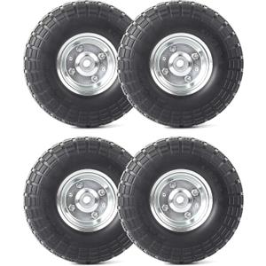 AR-PRO (4-Pack) 10-Inch Solid Rubber Tire Wheels - Replacement 4.10/3.50-4" Flat Free Tire with 5/8" Bearings, 2.2" Offset Hub - Perfect for Lawn Garden Cart, Hand Truck, Wheelbarrow, Utility Cart (Silver)
