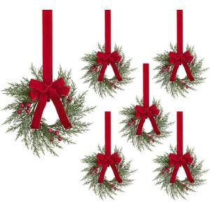 SHACOS 6 Pcs 10" Small Christmas Wreath Christmas Kitchen Cabinet Wreaths Artificial Snowy Pine Wreath for Cabinet Decorations Wreath with Red Berries and Ribbon Bow for Xmas Window Wall Chair Decor