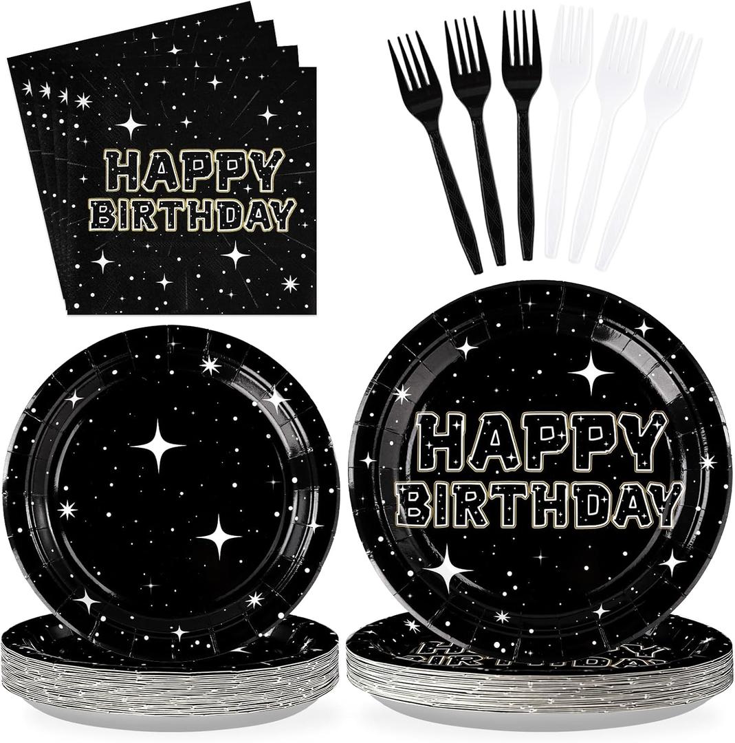 96Pcs Stars Birthday Party Supplies Black Galaxy Plates and Napkins Tableware Sets Space Theme Party Decorations for Mens Boys Baby Shower Night Sky Galaxy Theme Birthday Party Favors Serve 24
