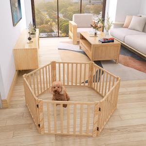 YOCAN Paint-Free Wooden Freestanding Dog Gates for The House,Doorways, Stairs,Wood Dog Fences Indoor Pet Gate,Step Over Fence-6 Panel H:16.9" L:138"