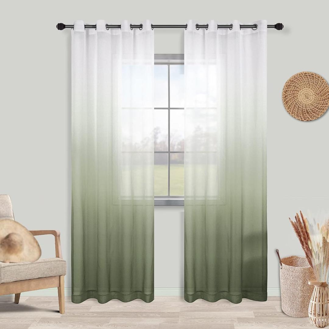 KOUFALL Sage Green Curtains 84 Inches Long for Bedroom Living Room,White and Light Green Ombre Pattern Boho Sheer Sliding Door Curtains 2 Panel Sets