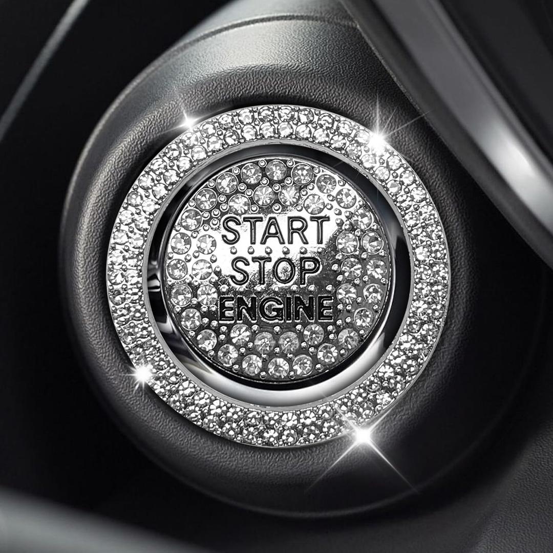 2PCS Rhinestone Push Start Button Cover Bling Car Accessories for Women, Sparkly Diamond Push to Starter Stop Button Decorative Cover, Key Ignition Knob Ring Crystal Emblem Sticker(White)