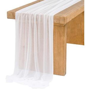 Ling's Moment 14Ft Chiffon Table Runner, Brilliant White Sheer Table Runners with Silver Sparkle for Rustic Boho Wedding Party Bridal Shower Decorations Birthday Party