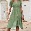 PRETTYGARDEN Women's Floral Wrap V-Neck Midi Dress Short Sleeve Boho Summer Beach Long Dress High Low Hem Smocked Dress Women (Green, M)