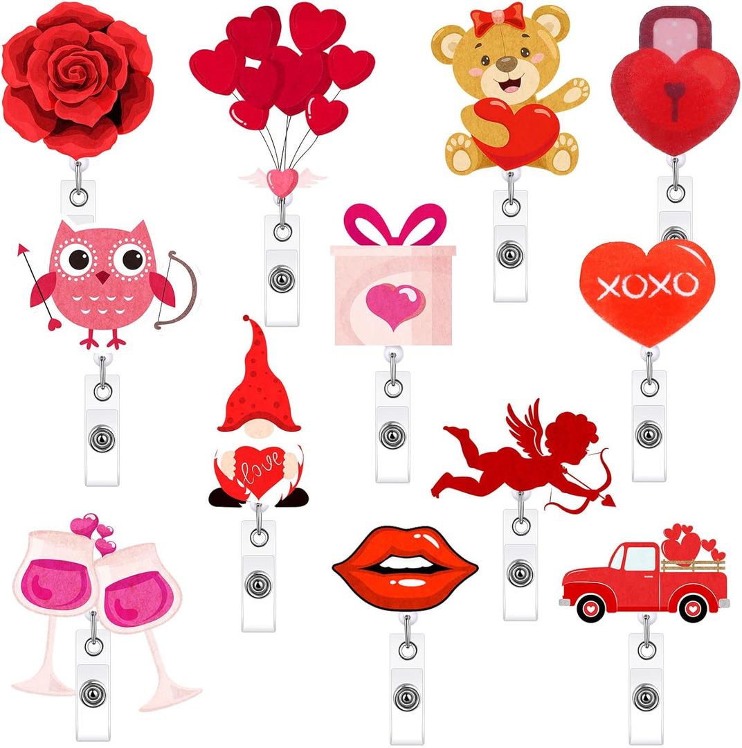 Sinmoe 12 Pcs Valentine's Day Badge Reels Retractable Cute Rose Heart Balloon Owl Gnome Valentines Badge Holder with Alligator Clip ID Nursing Name Tag Clip for Office Staff Worker