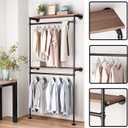 DR.IRON Industrial Pipe Clothing Racks with 2 Tier Shelves, Wall Mounted Black Clothes Rack with Double Hanging Rods Heavy Duty Garment Storage Rack Display Racks Rod for Clothes,Laundry Room
