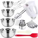 5-Speed Electric Hand Mixer, 4 Large Mixing Bowls Set, Handheld Mixers with Whisks Beater, Stainless Steel Metal Nesting Bowl Measuring Cups Spoons Kitchen Cake Blender for Baking Supplies (Cake Mixer with Bowls Set)