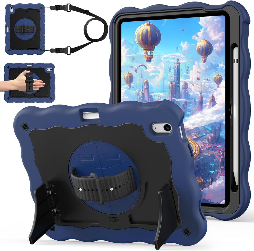 ZoneFoker for iPad A16 11th Generation 2025 / 10th Gen Case 2022, for 11 Inch / 10.9 Inch iPad Case Heavy Duty Cover Shockproof with Pencil Holder [360 Rotate Strap] & Stand, Navy Blue