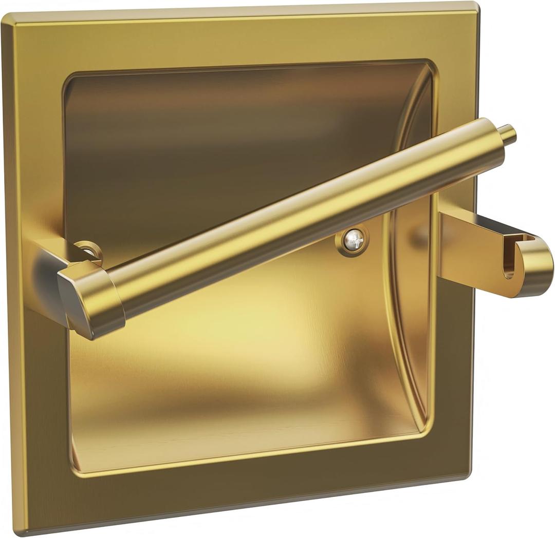 Recessed Gold Toilet Paper Holder, in Wall Toilet Paper Holder Pivoting, Gold Wall Mount Toilet Paper Roll Holder, Bathroom Brushed Brass Stainless Steel Tissue Holder, Brushed Brass, 1