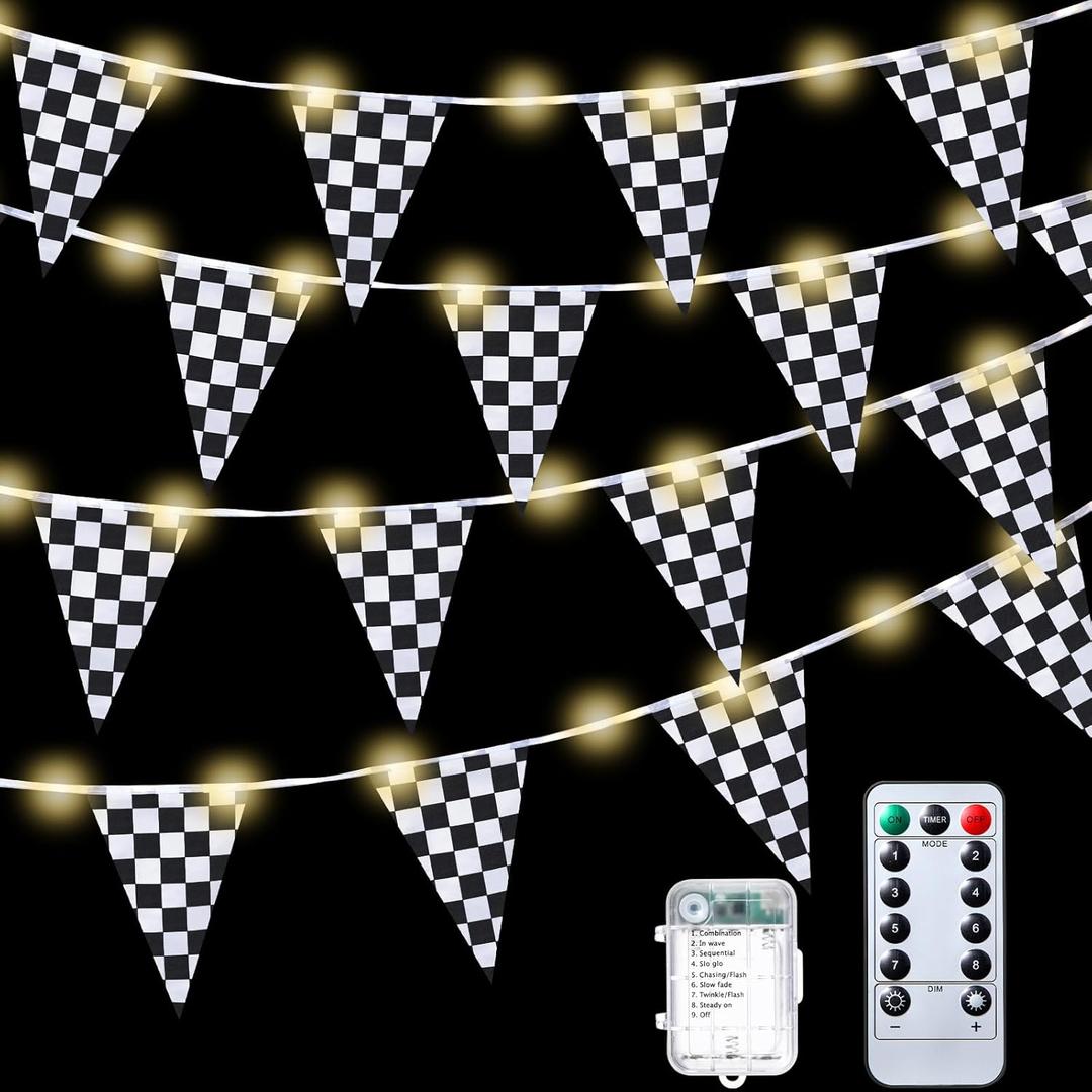 Light up Black and White Checkered Flag Banner, 32.8 ft Racing Flags Plastic Race Checkered Pennant Banner with 8 Light Modes for Race Themed Party Decorations Supplies
