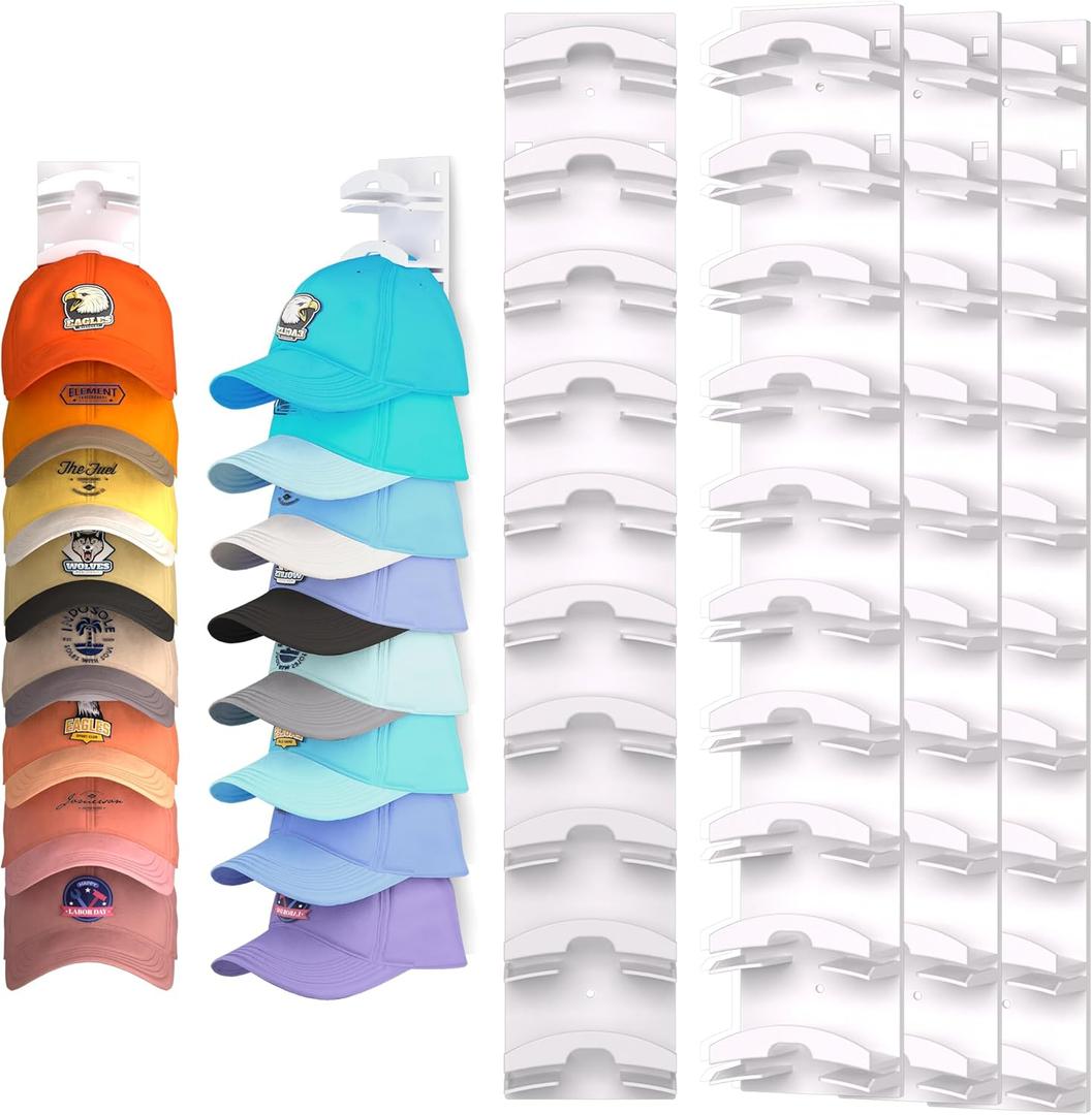 Hat Organizer for Baseball Caps 4Pack, Hat Rack for Wall with Strong Adhesive Hold up to 40 Hats, Hat Hanger Holder Display for Door Closet, Cap Organizer Storage Multilayer Two Mounting Option(White)