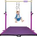 Adjustable Gymnastics Bar for Kids with Mat - Sturdy Kip Bar with Rings, Horizontal Bar for Home Training, 3'-5' Height, Ages 3-15, 250 LBS Capacity, Easy Assembly (Purple)