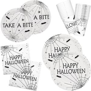 YY Halloween Cobweb Paper Plates Napkins and Cups Set Dessert Plates 100 Party Tableware Set Disposable for Happy Halloween Party Decorations