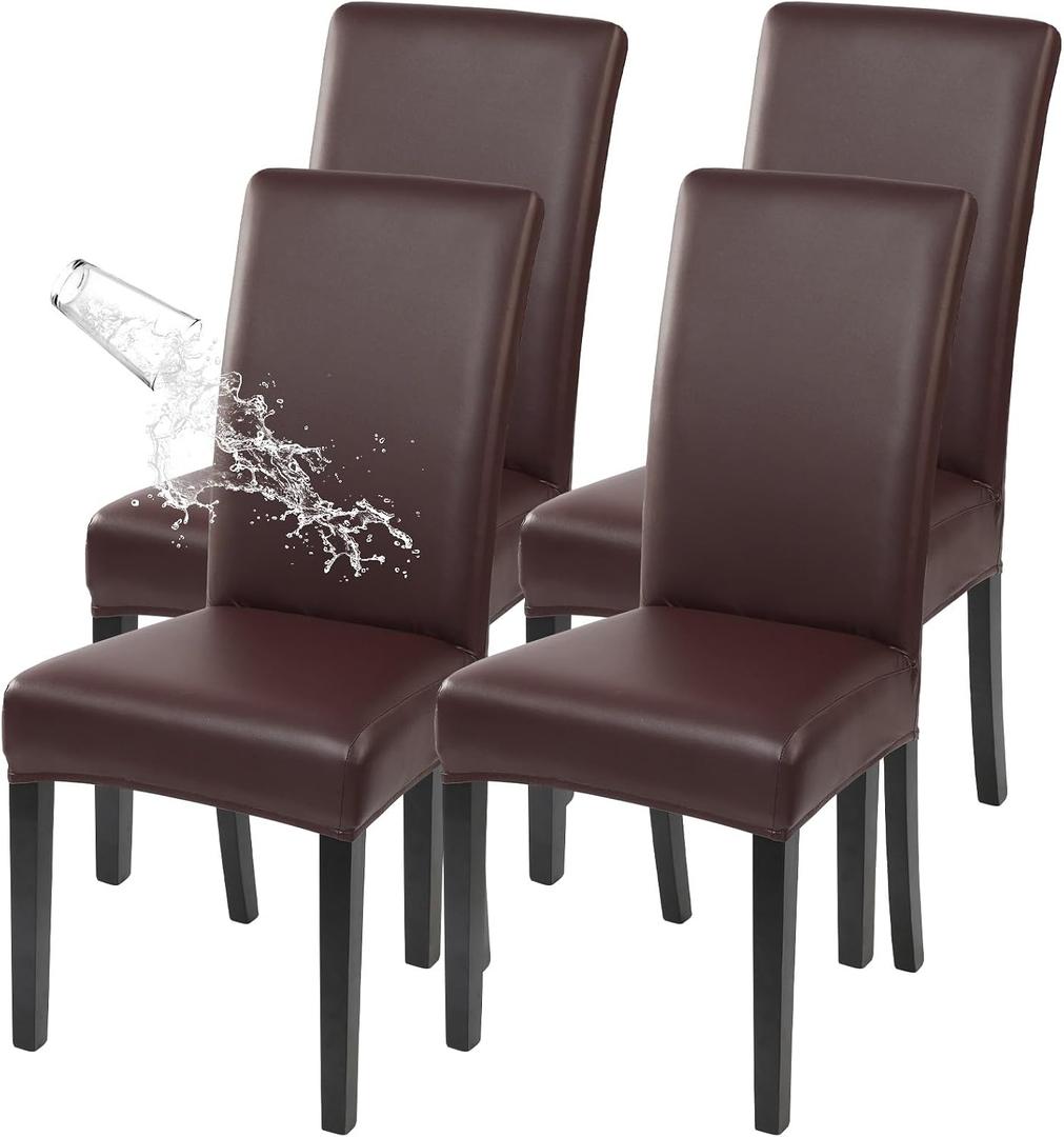SearchI Waterproof PU Leather Dining Chair Covers Set of 4, Stretch Oilproof Parsons Chair Slipcovers Removable Washable Kitchen Chair Protector for Dining Room (Brown)
