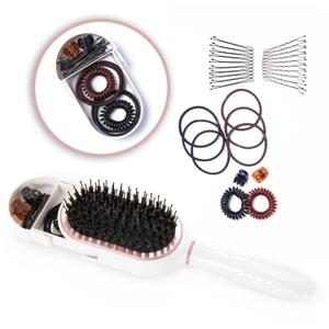 PAK Travel Hair Brush with 30 Hair Accessories for Girls Included - Built in Strorage - Boar And Nylon Bristle - Anti-Static Paddle Travel Brush by BeautyHak (white)